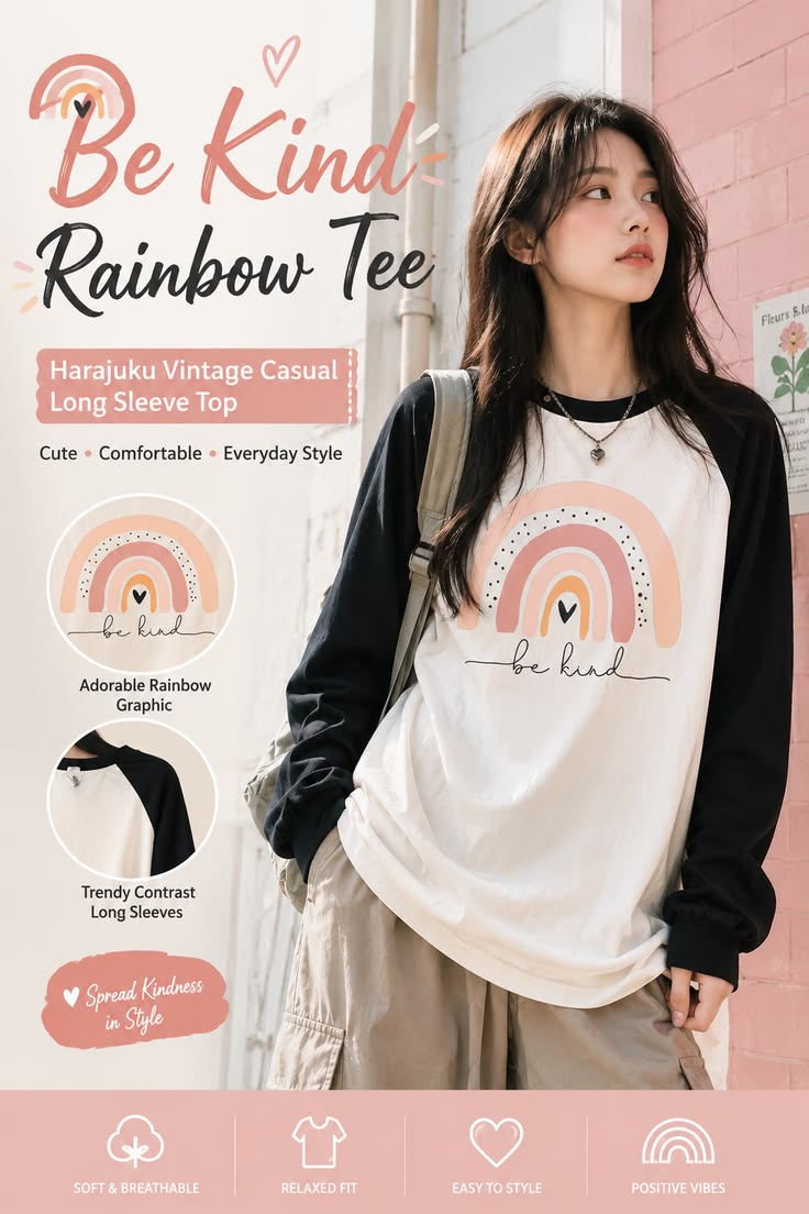 Be Kind Rainbow Long-Sleeve T-Shirt | Harajuku Vintage Casual Top