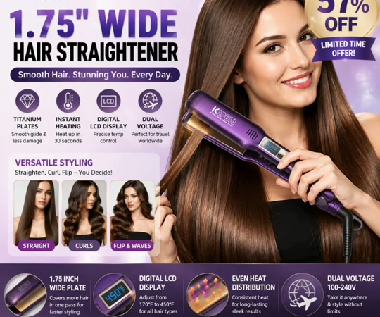 KIPOZI Professional Titanium Hair Straightener | 1.75″ Wide Flat Iron with LCD Display – 57% OFF