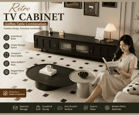 Retro TV Cabinet & Coffee Table Set | Elegant Living Room Storage