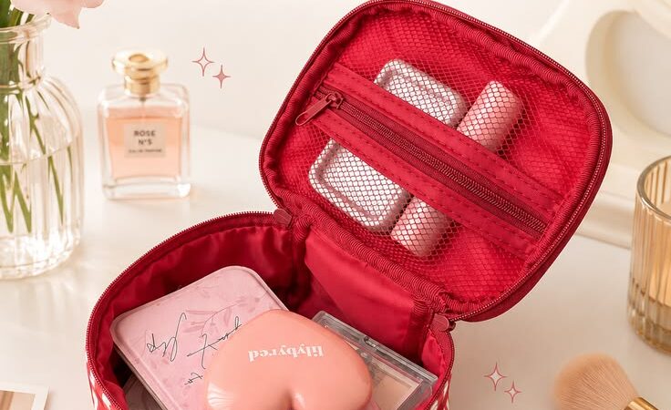 Red Grid Large-Capacity Makeup Bag | Travel Cosmetic Organizer