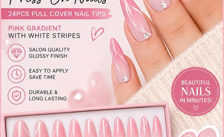 💖 24PCS Long French Almond Press-On Nails – Pink Gradient Full Cover False Nail Tips