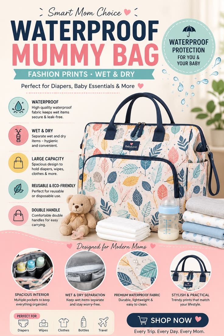Waterproof Baby Mummy Bag | Wet & Dry Diaper Bag with Double Handles
