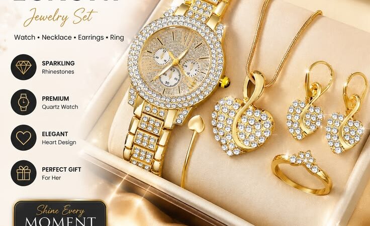 ✨ Luxury Gold Jewelry Set for Women | Rhinestone Watch, Necklace, Earrings & Ring ✨