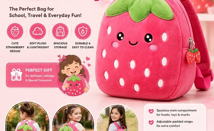 Cute Strawberry Plush Kids Backpack | Cartoon Preschool School Bag for Girls