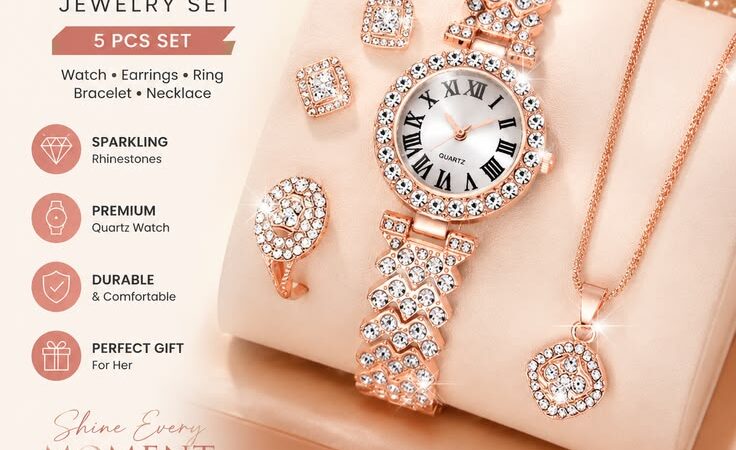 ✨ Elegant Rhinestone Jewelry Set for Women | 5PCS Luxury Quartz Watch & Accessories ✨