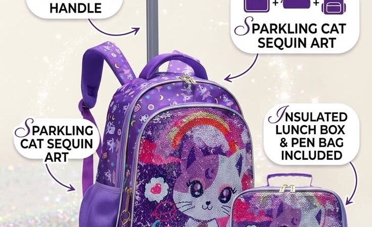 Cute Cat Sequin Rolling Backpack 3PCS Set for Girls | Wheeled Bookbag ЁЯР▒тЬи