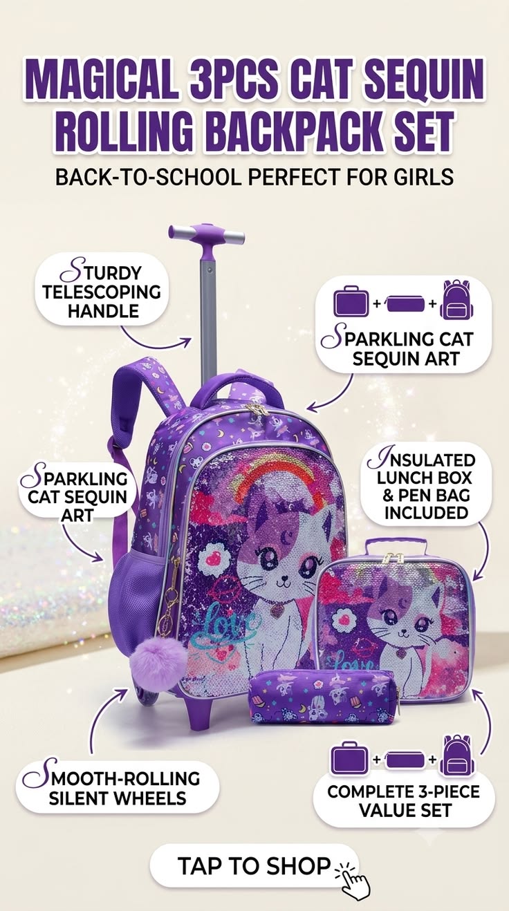 Cute Cat Sequin Rolling Backpack 3PCS Set for Girls | Wheeled Bookbag 🐱✨