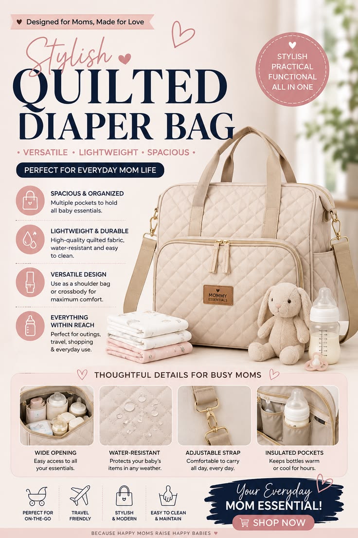Stylish Quilted Diaper Bag | Lightweight Large Capacity Baby Bag for Moms