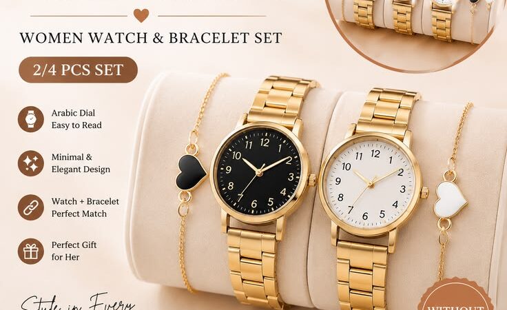 Elegant Arabic Dial Women’s Watch & Bracelet Set – 2/4 PCS
