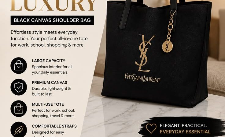 YSL Inspired Minimalist Black Canvas Tote Bag | Large Capacity Shoulder Bag for Work & Shopping