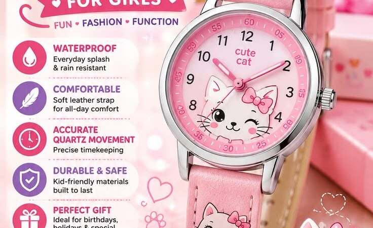 🐱 Cute Cartoon Cat Girls Watch – Pink Waterproof Leather Quartz Watch for Kids