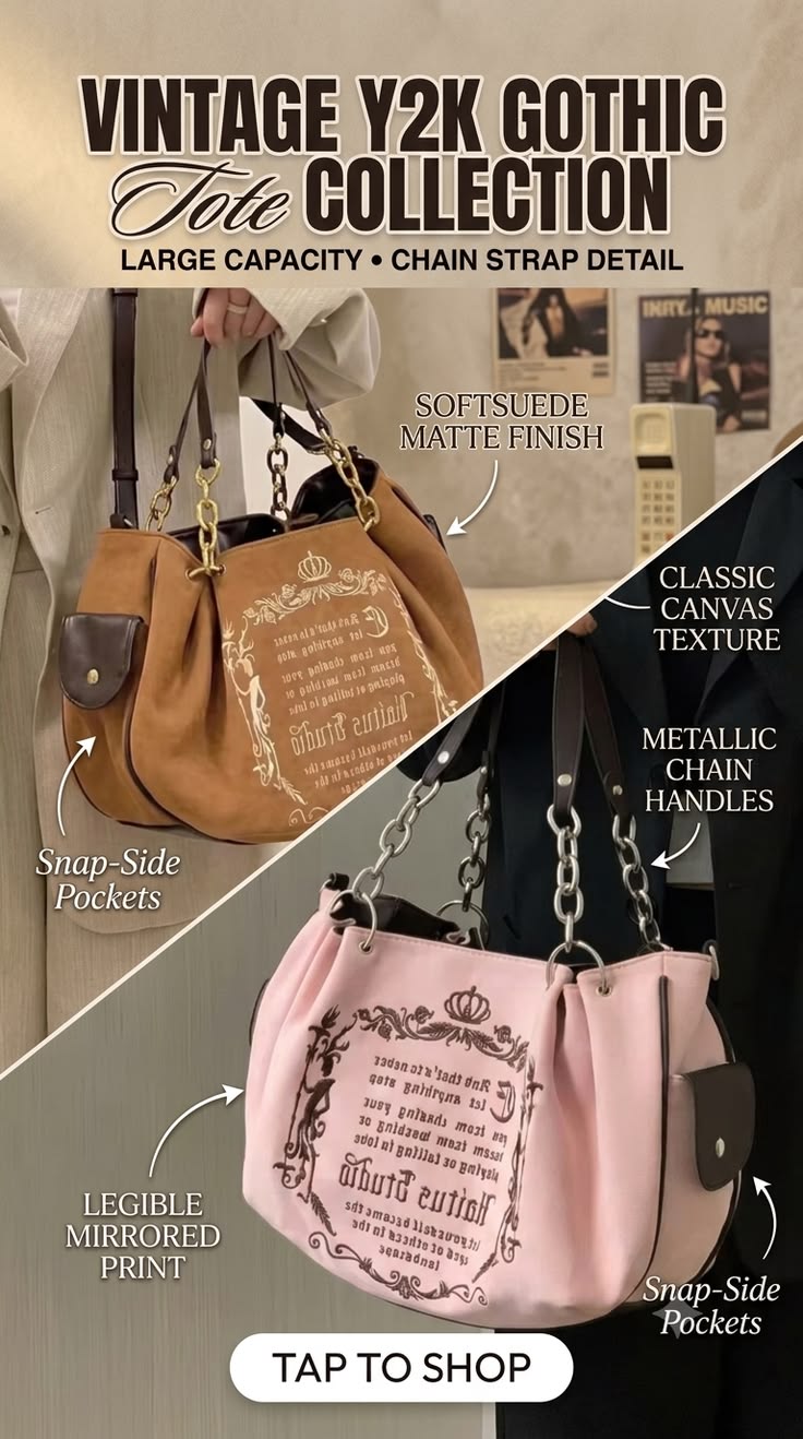 Vintage Y2K Gothic Lettering Tote Bag | Harajuku Crossbody Purse 🖤✨