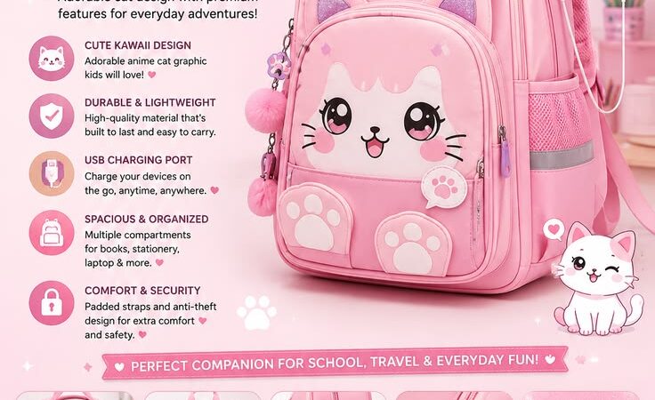 Kawaii Cat Anime Backpack for Girls | Cute Pink School Bag with USB Charging Port