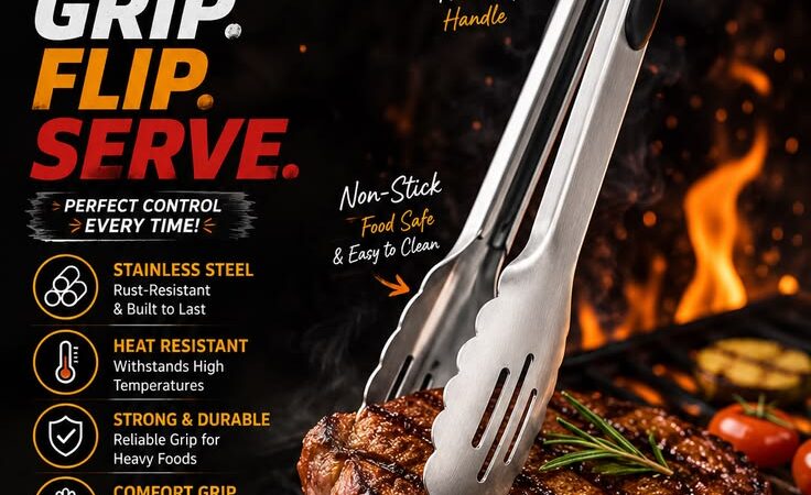 Stainless Steel BBQ Grill Tongs – Heat-Resistant Non-Stick Cooking & Serving Tool