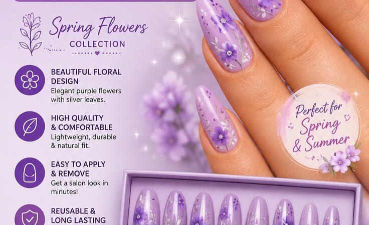 💜 24PCS Purple Floral Press-On Nails – Medium Fake Nails with Silver Leaf Design