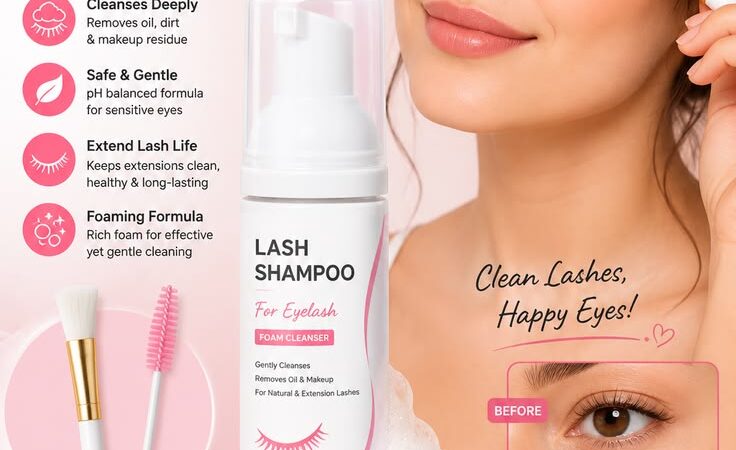 Lash Shampoo 50ML for Eyelash Extensions – Foaming Lash Cleanser with Brush & Mascara Wand, Makeup