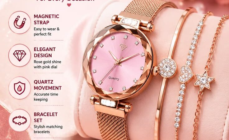 ✨ Rose Gold Magnetic Women’s Watch & Bracelet Set | Elegant Pink Dial Gift for Her