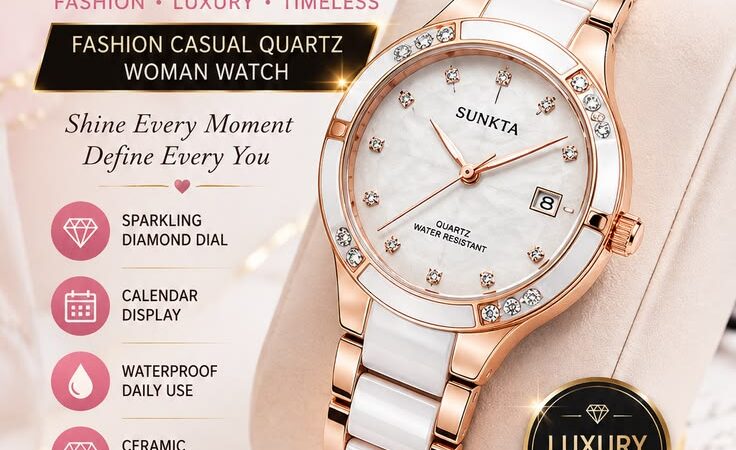 ✨ Sunkta Women’s Luxury Ceramic Quartz Watch | Waterproof Diamond Calendar Wristwatch