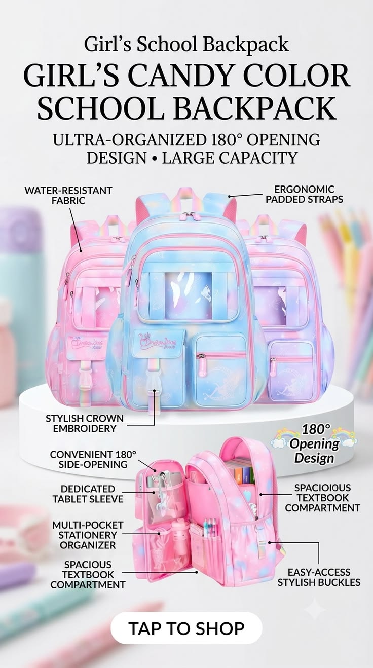 Cute Pastel Girl’s School Backpack | 180° Side-Open Large Capacity 🌈📚