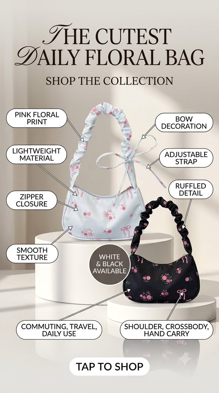 Women’s Pink Floral Print Shoulder Bag | Cute Bow Crossbody Bag 🌸✨
