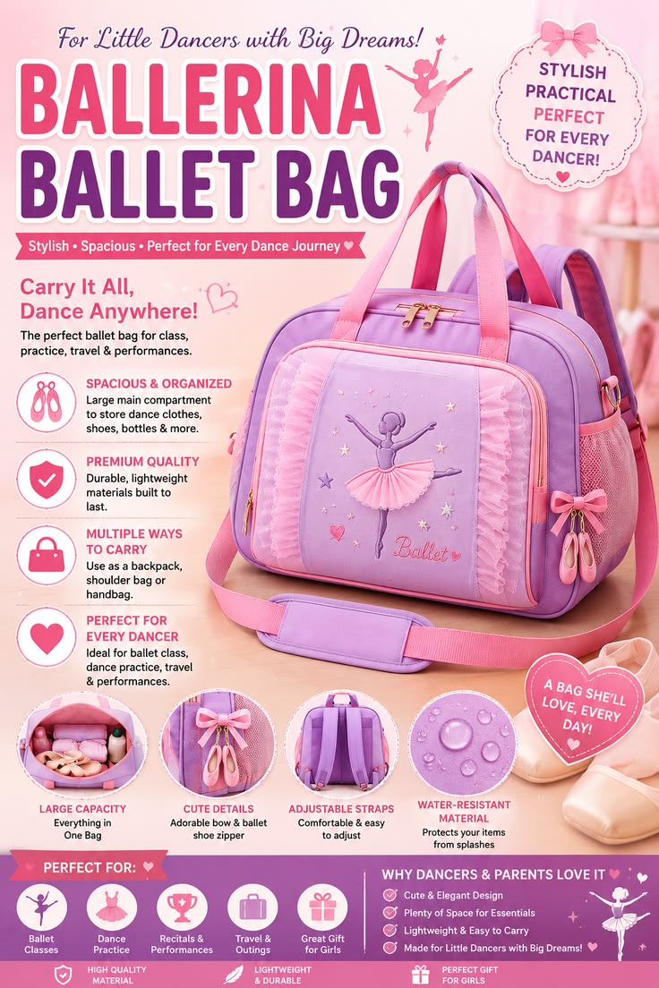 Ruoru Girls Ballet Dance Bag | Cute Pink & Purple Ballerina Backpack for Kids 🎀🩰