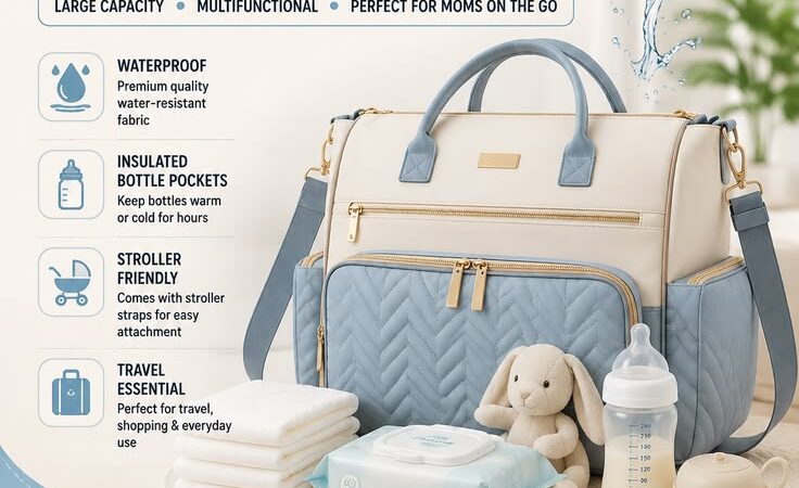 Waterproof Diaper Bag | Large Capacity Baby Travel Bag with Insulated Bottle Pockets & Stroller Straw