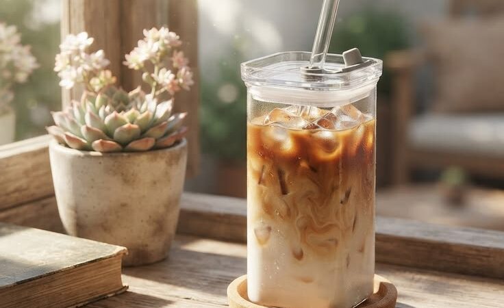 Aesthetic Square Glass Cup with Lid & Straw | Iced Coffee & Bubble Tea Mug