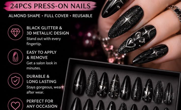 🖤 24PCS Black Glitter Press-On Nails – Almond False Nails with 3D Metallic Design