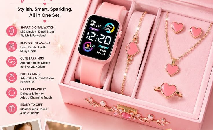✨ 6PCS Smart Watch Jewelry Set for Girls | Fashion Digital Watch & Heart Accessories Gift ✨