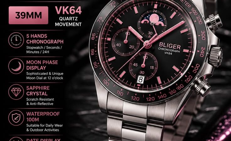⌚ BLIGER 39mm Black & Pink Chronograph Watch – VK64 Sapphire Quartz Men’s Watch