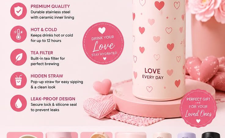 Love Heart 700ml Vacuum Flask with Tea Filter & Hidden Straw