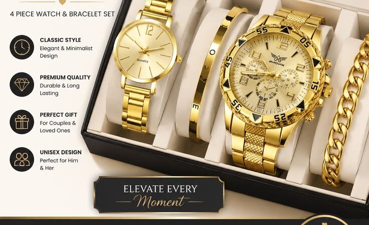 ✨ Luxury Couple Watch Set | 4 Piece Gold Quartz Watches & Bracelet Gift Set ✨