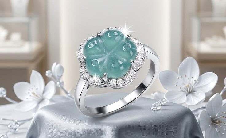 Natural A-Goods Blue Water Jadeite Flower Ring | FanYC Jewelry