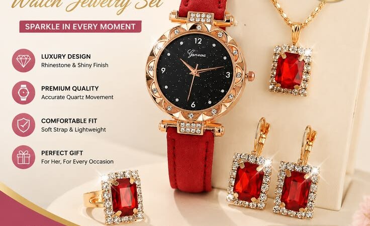 ✨ 5PCS Luxury Women Watch Jewelry Set | Rhinestone Quartz Watch & Elegant Accessories ✨
