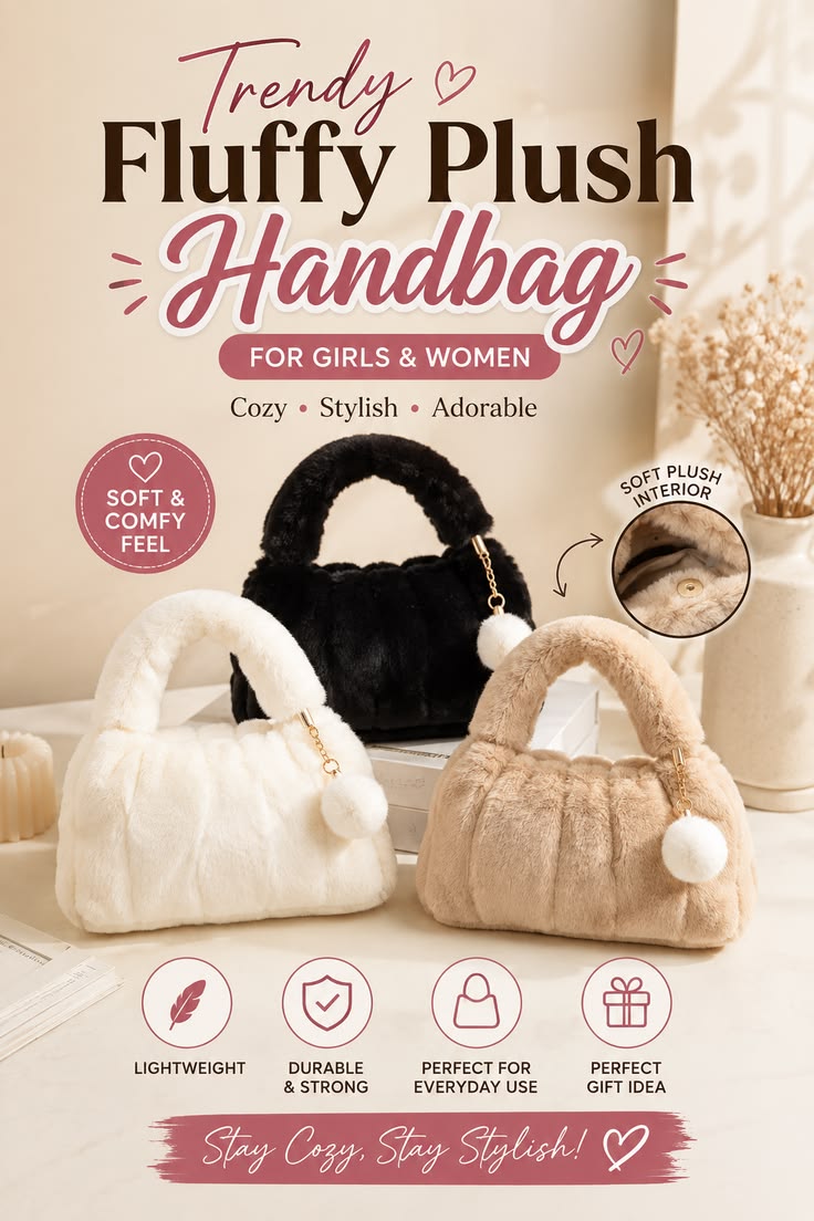 Trendy Fluffy Plush Handbag for Girls & Women | Soft Cozy Winter Fashion Shoulder Bag 🧸✨
