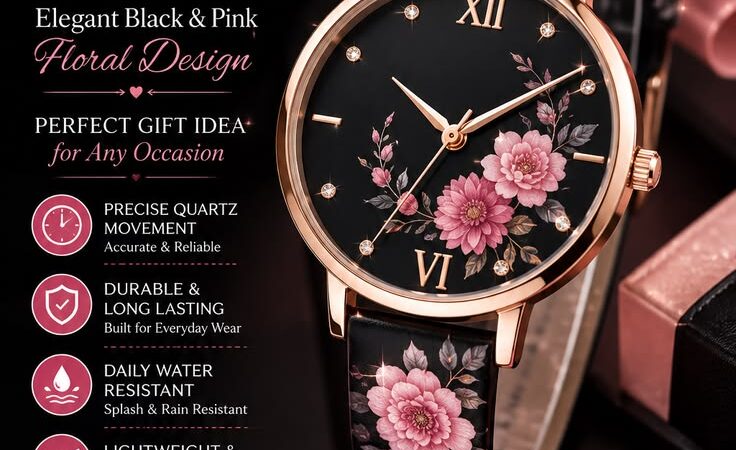 🌸 Graceful Women’s Quartz Watch – Elegant Black & Pink Floral Wrist Watch