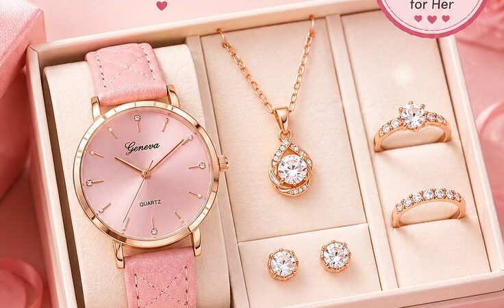 Pink Watch & Jewelry Gift Set for Women | Elegant 4PCS Quartz Watch Collection