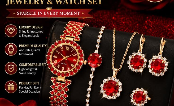 ✨ 6PCS Luxury Women Jewelry Watch Set | Rhinestone Quartz Watch & Elegant Accessories ✨