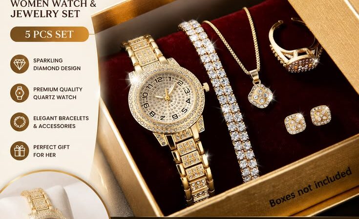 Luxury Gold Diamond Watch & Jewelry Set for Women – Elegant Gift Set