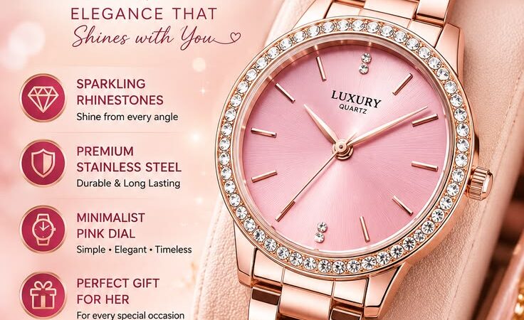 💖 Luxury Women’s Rhinestone Watch – Elegant Pink Stainless Steel Wrist Watch