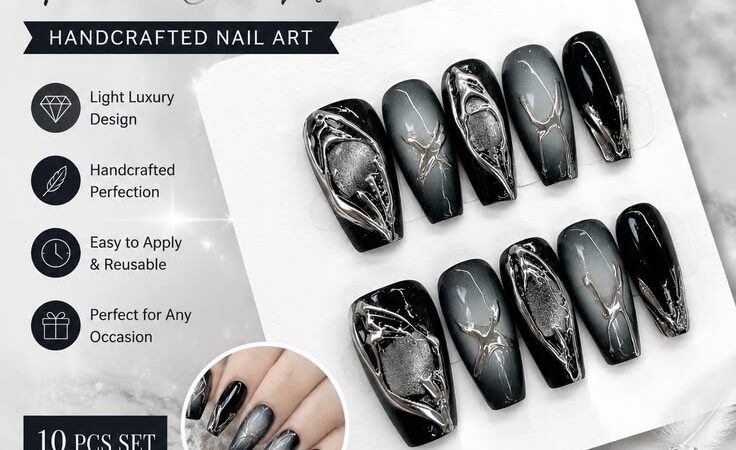 Luxury Black & Silver Press-On Nails | Handcrafted 10-Piece Nail Set