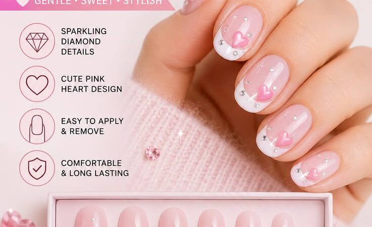 💕 Sweet French Pink Heart Press-On Nails – Short Oval Fake Nails with Diamond Accent