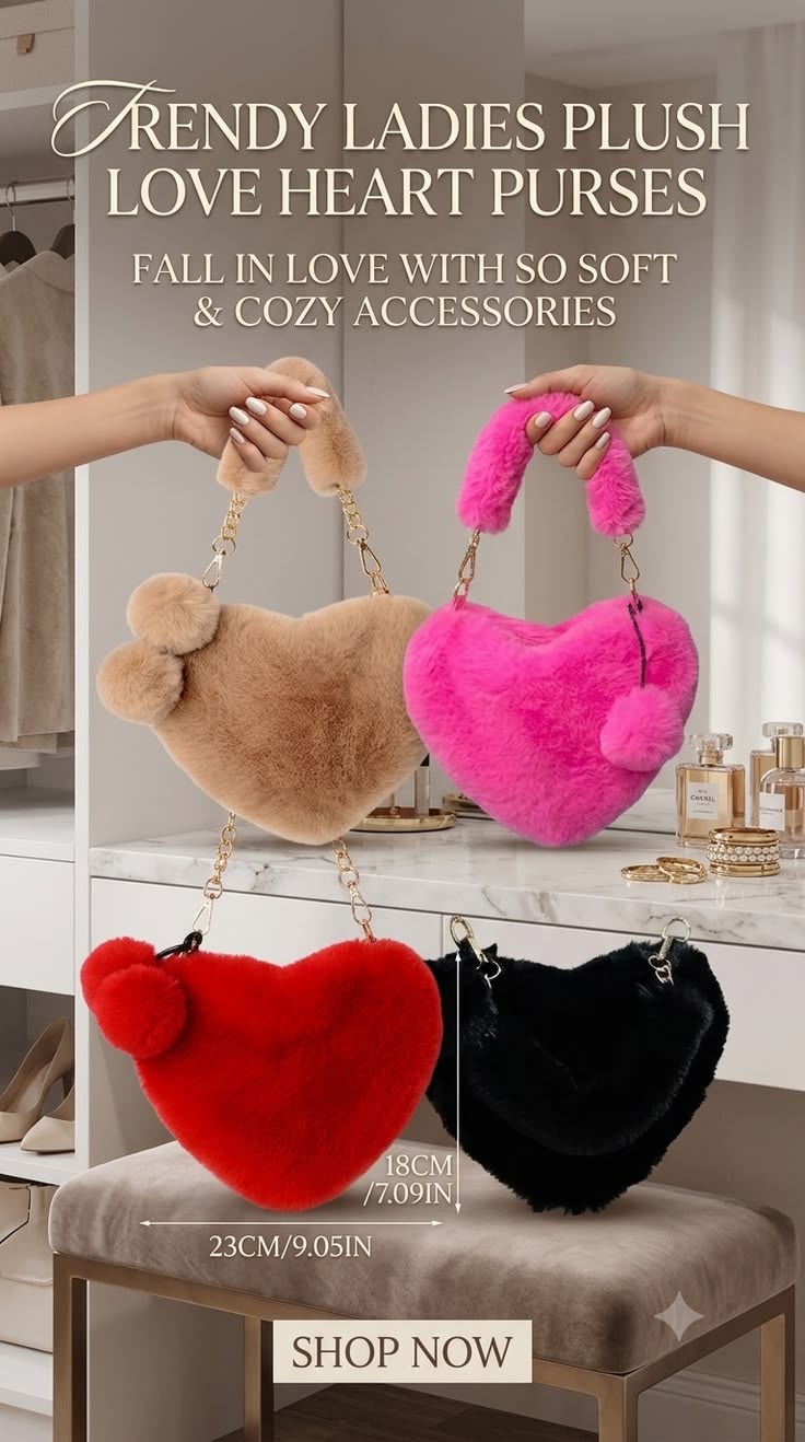 Trendy Plush Love Heart Purses | Cute Faux Fur Handbags π