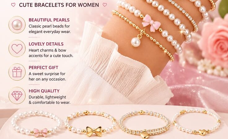 6Pcs Pearl & Bow Bracelet Set for Women | Cute Heart Beaded Jewelry Gift