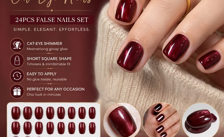 Wine Red Cat-Eye Press-On Nails | 24-Piece Short Square Set