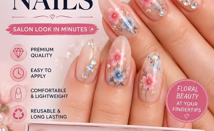 🌸 Elegant Floral Press-On Nails – Nude Almond Fake Nails with Rhinestones
