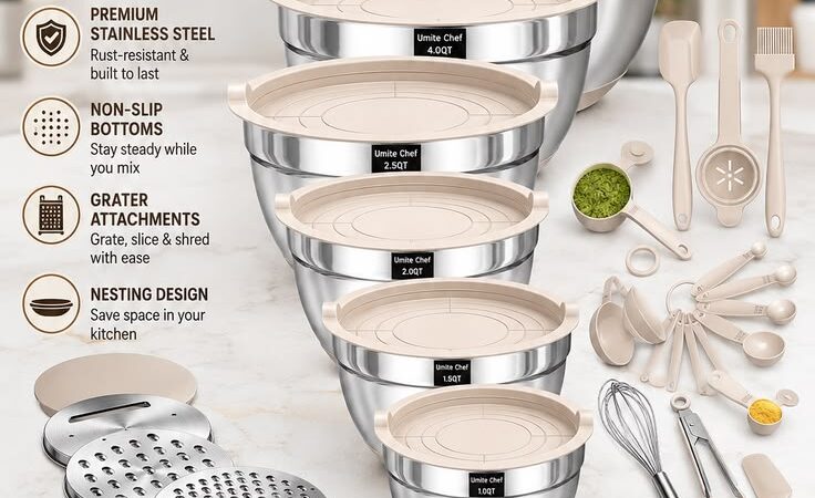 26-Piece Stainless Steel Mixing Bowls Set with Airtight Lids – Complete Kitchen Set 🥣✨