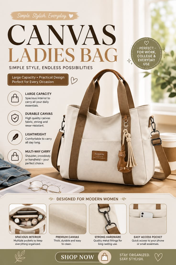 Canvas Ladies Bag | Large Capacity Shoulder & Crossbody Handbag for Everyday Use