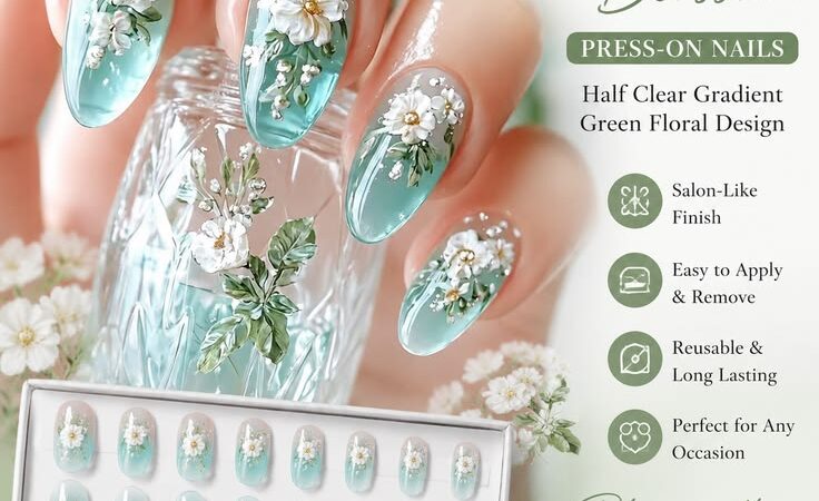 Elegant Blossom Press-On Nails | Half Clear Gradient Green Floral Design
