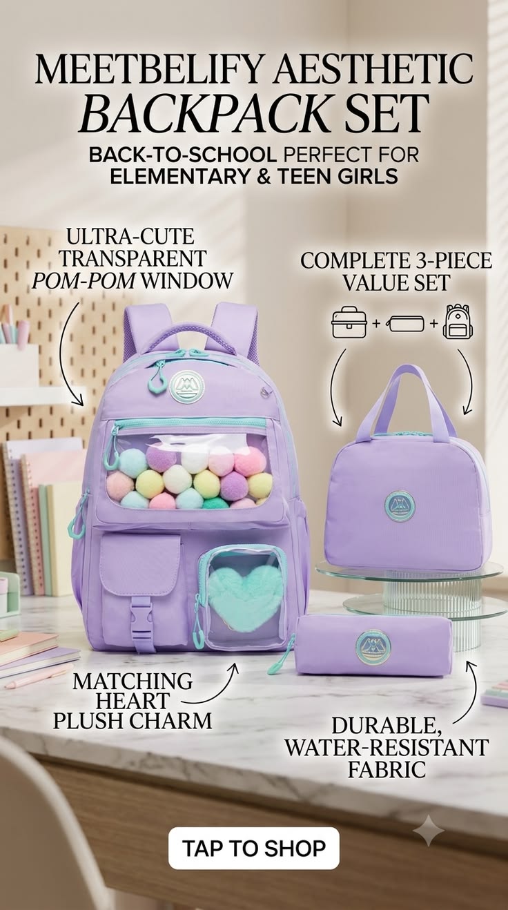Meetbelify Pastel Backpack 3-Piece Set | Aesthetic School Bag for Girls 💜✨